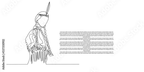 continuous line of indian tribes. one line drawing of Native Americans in traditional clothes