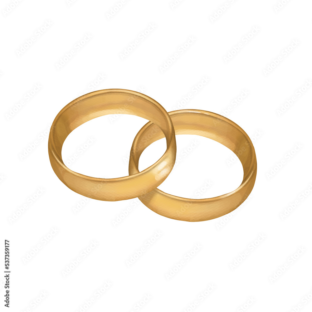 Two gold wedding rings. Hand drawn watercolor wedding rings. Design for