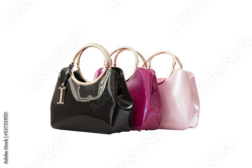 Beautiful black, pink leather female fashion bag with transparent background, perspective view