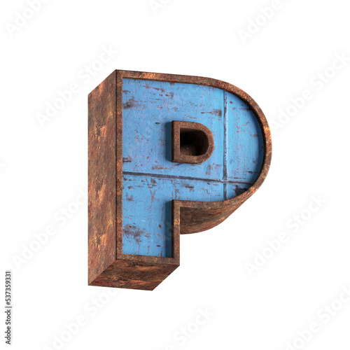 p letter 3d aged rusted iron character blue painted metal steel isolated on white background