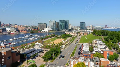 This video shows scenic aerial views of the downtown Baltimore landscape