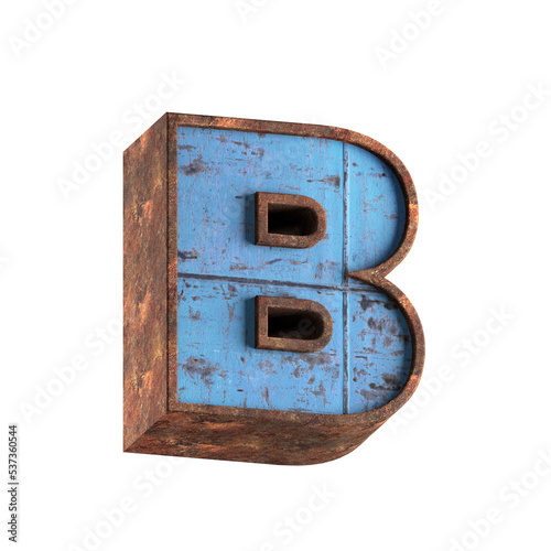 b letter 3d aged rusted iron character blue painted metal steel isolated on white background