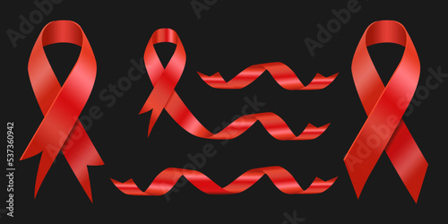Set of red ribbons on black background. Vector illustration. Ready for your design. Can be use for template your design, promo, adv.