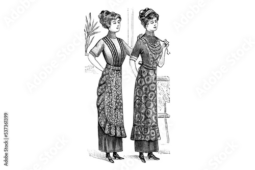 Fashionable Girls with Apron - Vintage Illustration