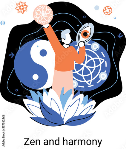 Zen and harmony metaphor, meditation practice. Balance, relaxation, mindfulness. Calm person relaxing. Yoga and spiritual practice, relax, recreation, healthy lifestyle. Japanese cult of mind and body