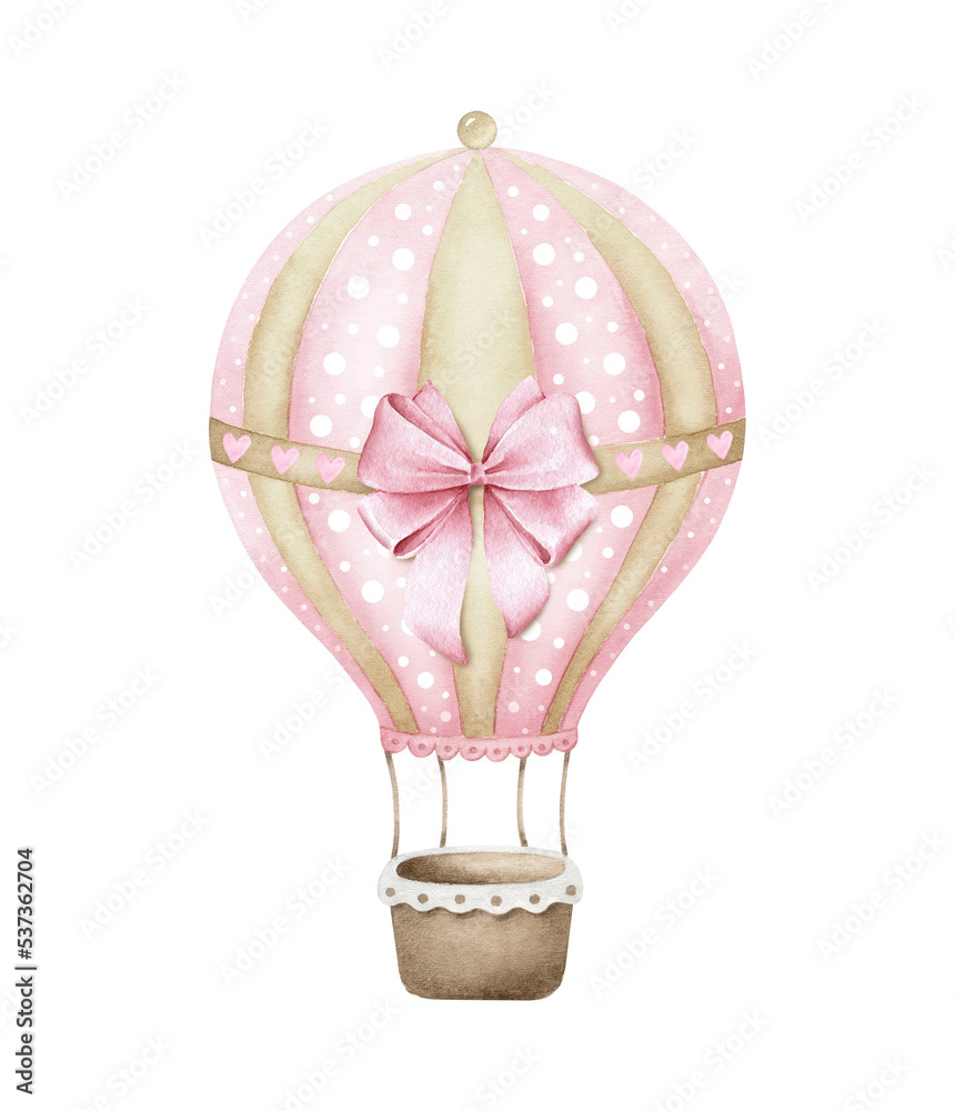Pink hot air balloon with bow..Watercolor illustration isolated on white background. Pink hot air balloon with bow..Watercolor illustration isolated on white background.