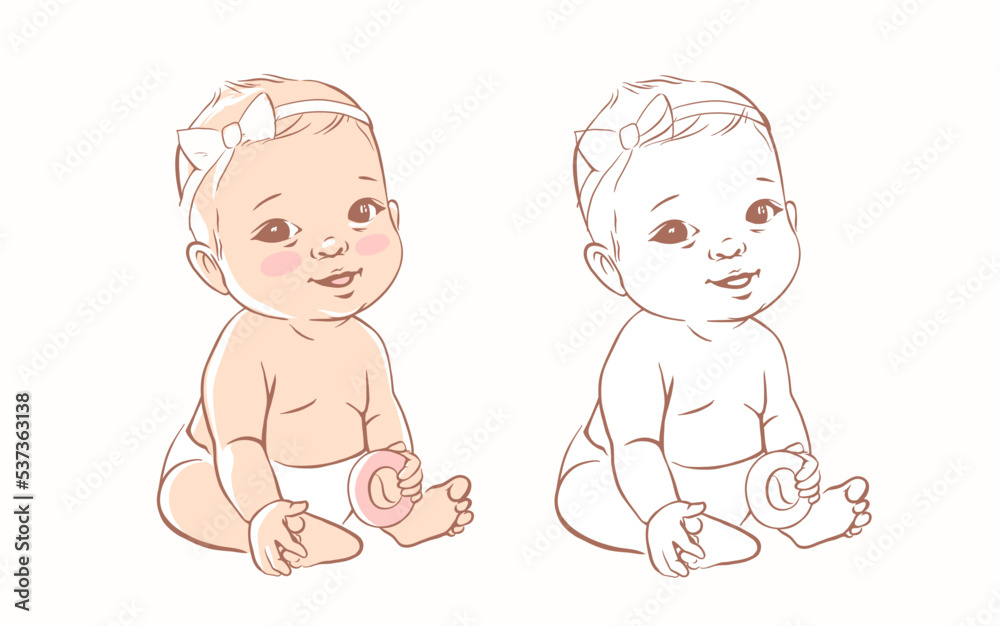 Cute little baby girl in diaper sitting. Active baby of 3-12 months. First year baby development. Newborn sitting and smiling. Happy healthy baby Caucasian ethnic. Color and line vector set. Cute little baby girl in diaper sitting. Active baby of 3-12 months. First year baby development. Newborn sitting and smiling. Happy healthy baby Caucasian ethnic. Color and line vector set.