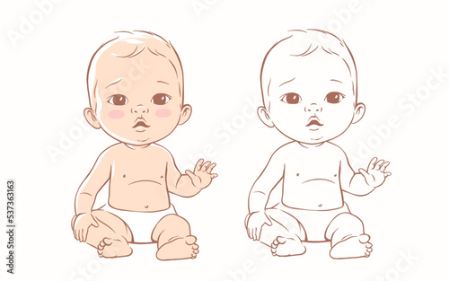 Cute little baby boy in a diaper sitting. Active baby of 3-12 months. First year baby development. Newborn sitting and smiling. Happy healthy baby Caucasian ethnic. Color and line vector set.
