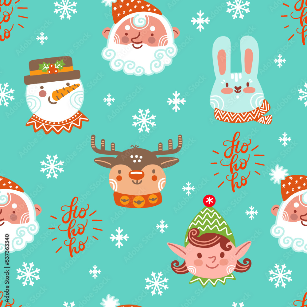 Fototapeta premium Seamless pattern christmas animal heads background vector illustration turquoise
