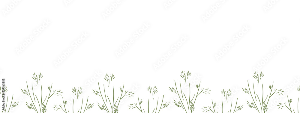Green herbal border on a white background. Botanical seamless frame, banner for text placement. Rectangular vector illustration in naive style for promotion, discounts, advertising.