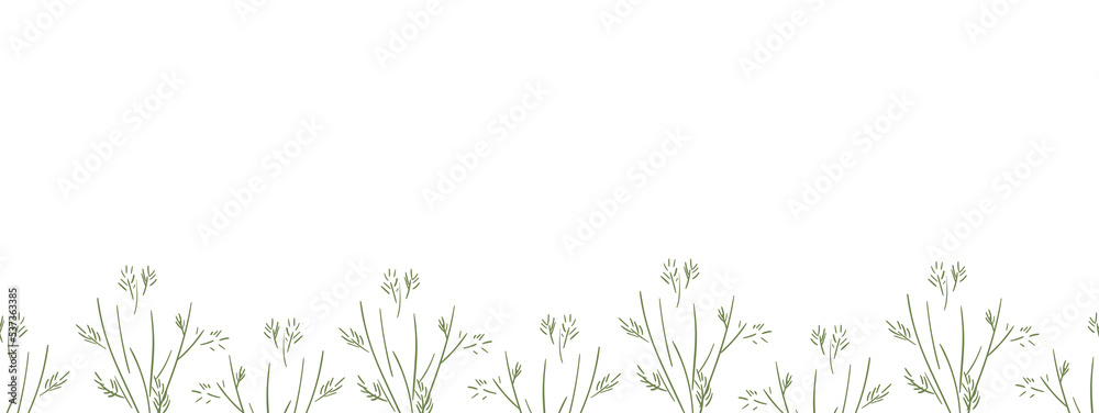 Green herbal border on a white background. Botanical seamless frame, banner for text placement. Rectangular vector illustration in naive style for promotion, discounts, advertising. Green herbal border on a white background. Botanical seamless frame, banner for text placement. Rectangular vector illustration in naive style for promotion, discounts, advertising.