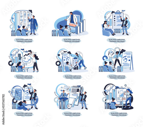 Qualified employee training program. Refresher course metaphor. Help in professional development. Learning for software development and growth. Agile project management team project life scrum meeting