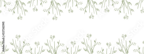 Green herbal frame on a white background. Botanical seamless border, banner for text placement. Rectangular vector illustration in naive style for promotion, discounts, advertising.