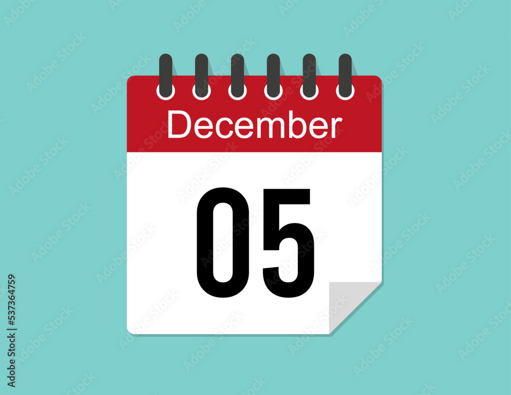 5 day December calendar design. Red calendar vector for December month and day 5 day December calendar design. Red calendar vector for December month and day