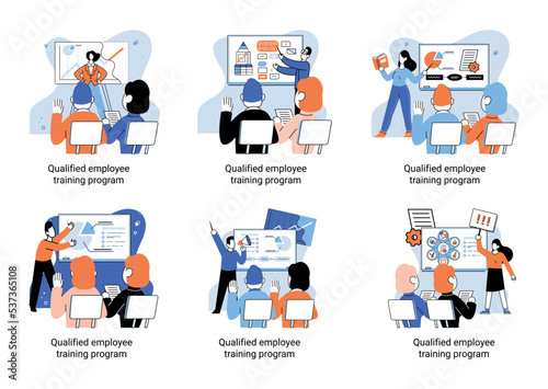 Qualified employee training program. Refresher course metaphor. Help in professional development. Learning for software development and growth. Agile project management team project life scrum meeting