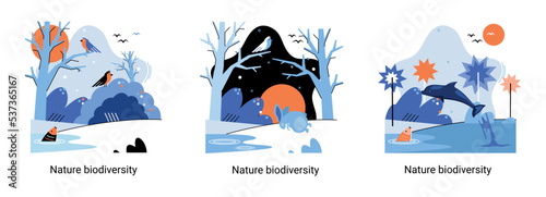Biodiversity in nature as environment variety of life on Earth planet. Saving wildlife ecosystem metaphor. Protection and care of flora and fauna, eco friendly human activity, many biological species