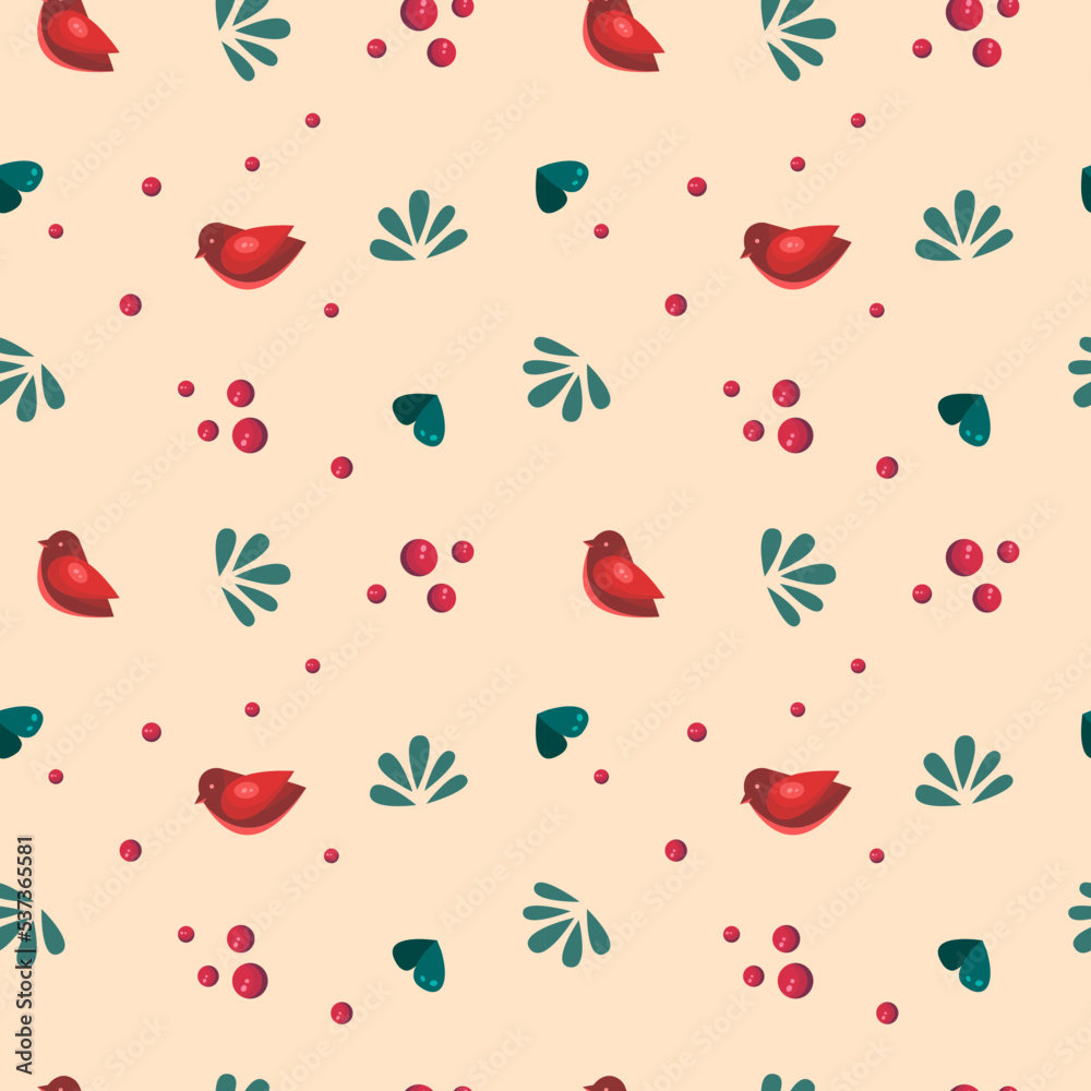 Bright pattern, a red bird with purple berries and green leaves