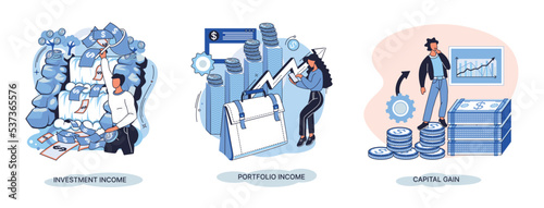 Capital gain, portfolio income, investment income. Investments and bonds, cash flow money slot, mutual fund, finance abstract metaphor. Money investing financiers analyzing stock market profit dollars