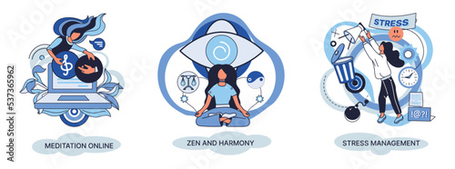 Meditation online. Self-management, self regulation learning, self-organization course, control over emotions metaphor Online yoga at home meditating. Deals with stress management, zen and harmony