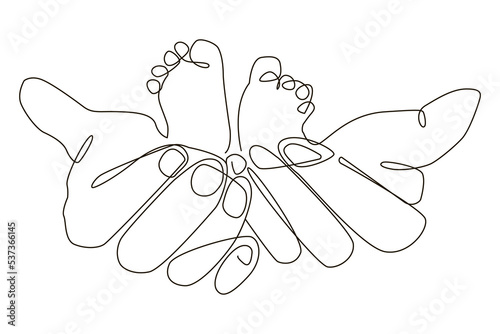 One line drawing of mother's hand with baby feet. Vector illustration