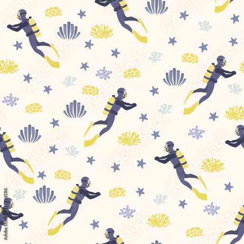 Vector seamless pattern witha diver, algae and starfish .Underwater cartoon creatures.Marine background.Cute ocean pattern for fabric, childrens clothing,textiles,wrapping paper