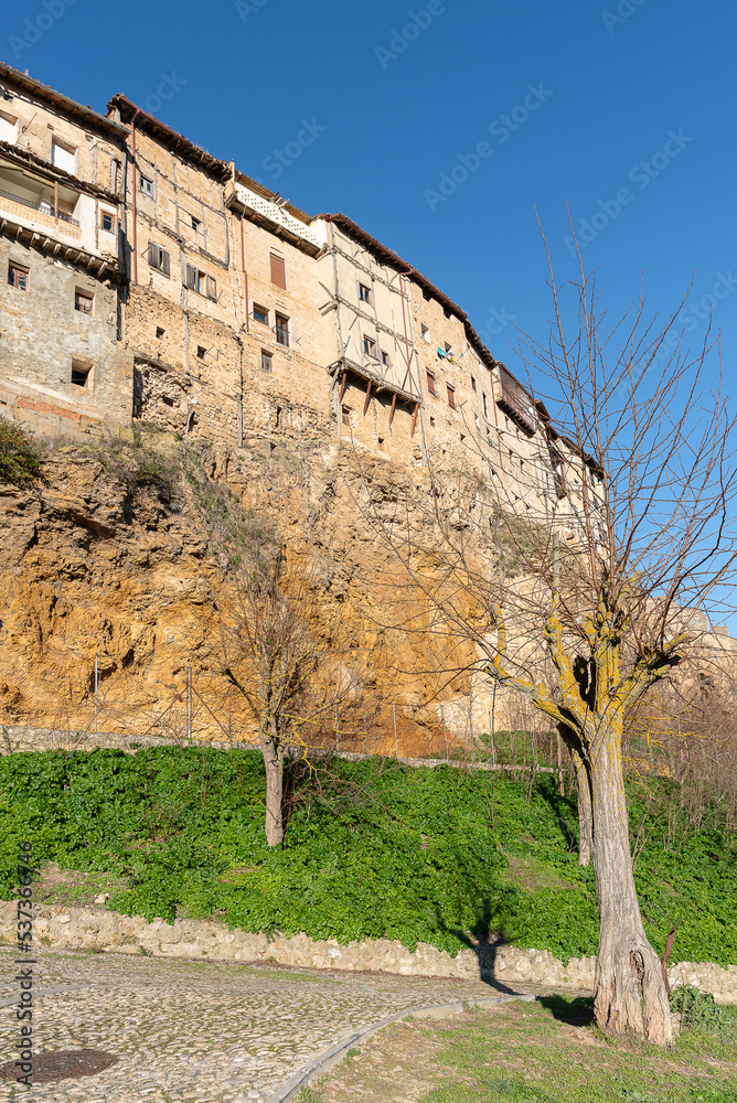 View of old medieval town of Frias with hanging houses on the cliff, Burgos, Spain