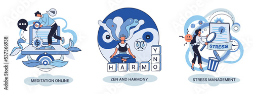 Meditation online. Self-management, self regulation learning, self-organization course, control over emotions metaphor Online yoga at home meditating. Deals with stress management, zen and harmony