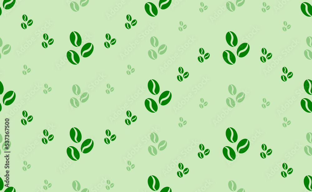 Seamless pattern of large and small green coffee beans symbols. The elements are arranged in a wavy. Vector illustration on light green background Seamless pattern of large and small green coffee beans symbols. The elements are arranged in a wavy. Vector illustration on light green background