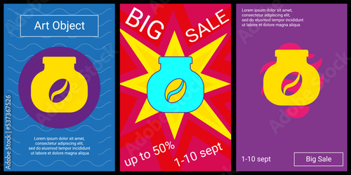Trendy retro posters for organizing sales and other events. Large instant coffee symbol in the center of each poster. Vector illustration on black background
