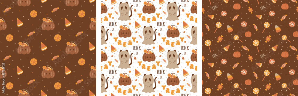 Fototapeta premium Candies halloween pattern set. Sweet Halloween candy seamless patterns collection. Trick or treat background. Cute cartoon Halloween candy wrapping paper. Pumpkin, ghost vector illustration