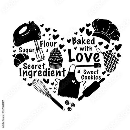 Baking with love vector illustration, Love Cooking Heart, Kitchen wall art decor, Pot holders,  Mixer, Kitchen  utensils, Farmhouse kitchen poster, Bakery decoration