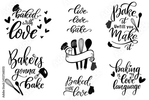 Set of baking Quotes vector illustration, Cooking hand drawn lettering, Baking with love, Kitchen wall art print, Kitchen utensils, Bakery poster, Farmhouse decor, Chef logo