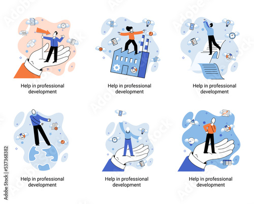 Help in professional development metaphor. Qualified employee training program. Refresher course. Human resource management organization. Business education workshop. School personality growth in team