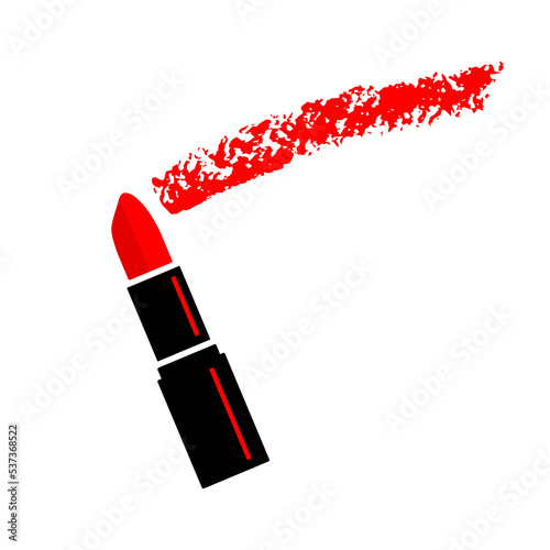 Red lipstick draws line imprint. Stylish black cosmetology tube with stick conductive makeup smear on white vector surface