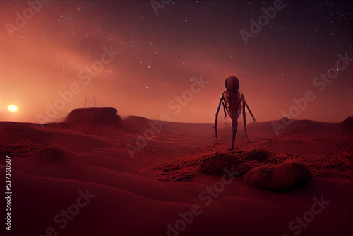 Unreal landscape from a different planet. Red and black desert at night with moon in the sky