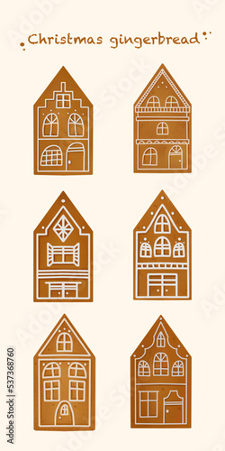 Set of gingerbread houses isolated. Traditional Christmas cookies. Vector watercolour illustration. New year decorations © ValeriBaikachova