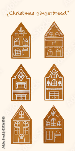 Set of gingerbread houses isolated. Traditional Christmas cookies. Vector watercolour illustration. New year decorations