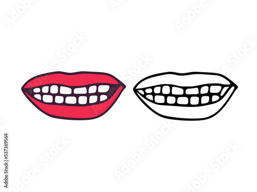 Mouth or lips with teeth in cartoon and outline style isolated on white background