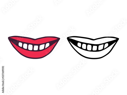 Mouth or lips with teeth in cartoon and outline style isolated on white background. Smile clip art