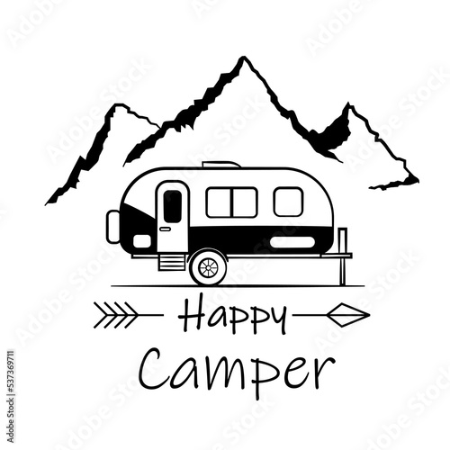 Happy camper logo vector illustration, Summer Travel Trailer, Caravan car Journey Mountains