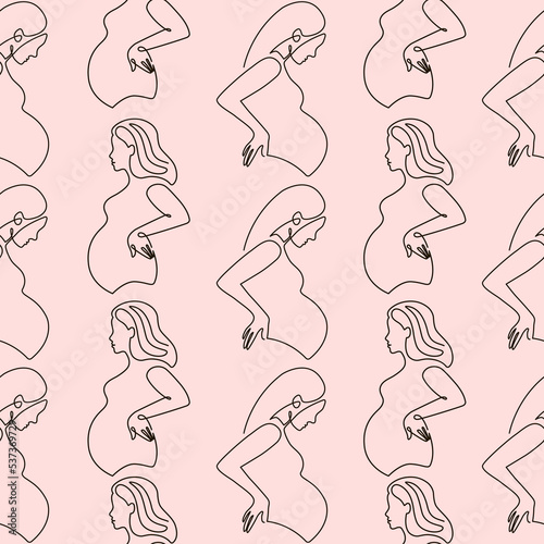 Pregnant women one line seamless pattern. Vector One line abstract illustration of pregnant woman.