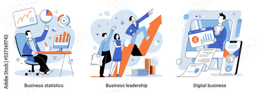 Metaphor set of digital business vector illustration. Market success, digital work, leadership strategy, data analysis. People dealing with business statistics, online transactions, profit increase