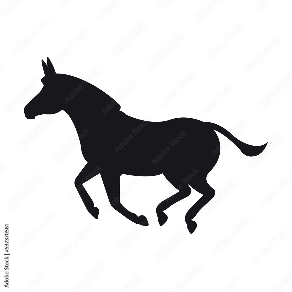 Fototapeta premium Vector hand drawn flat running donkey silhouette isolated on white background
