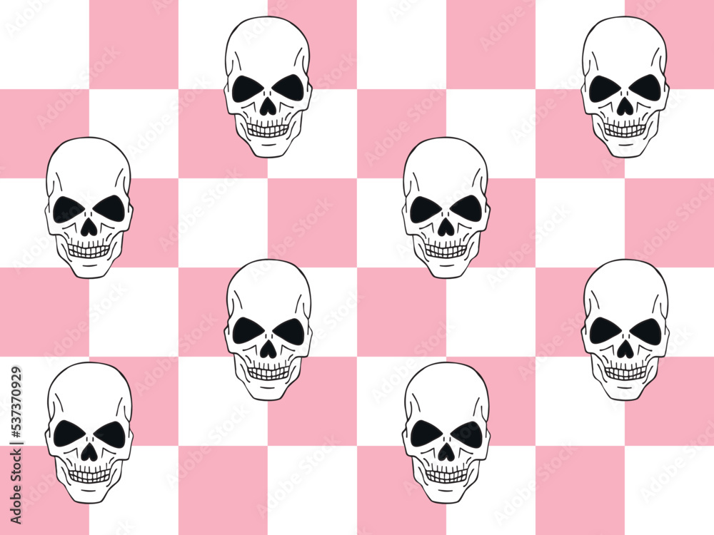 Vector seamless pattern of flat pink chess board and hand drawn skull isolated on white background