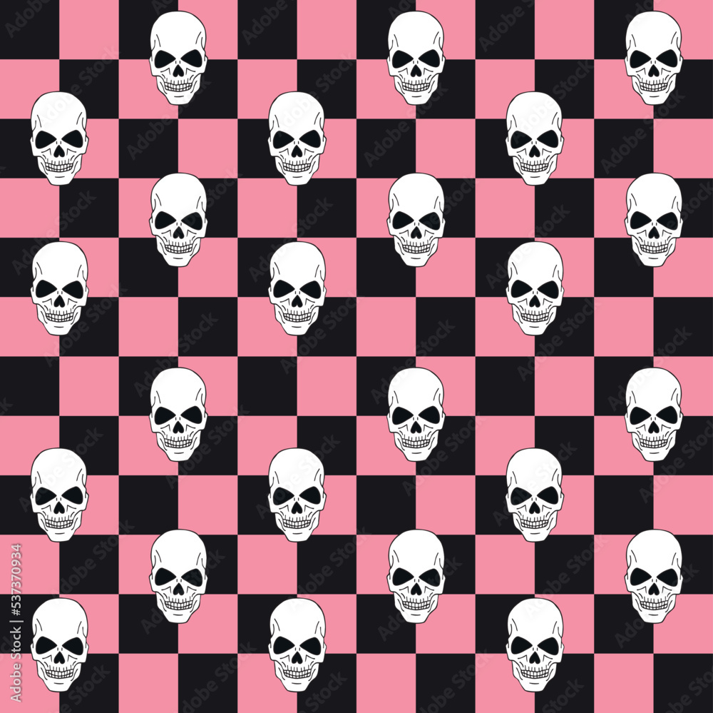 Vector seamless pattern of flat chess board and hand drawn skull isolated on pink background
