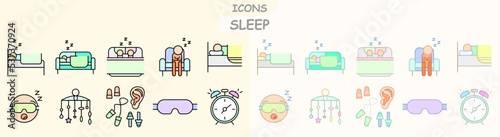 set of flat with outline icons of sleep. icons for web browser. icons: sleep bandage, sleepy face and others.