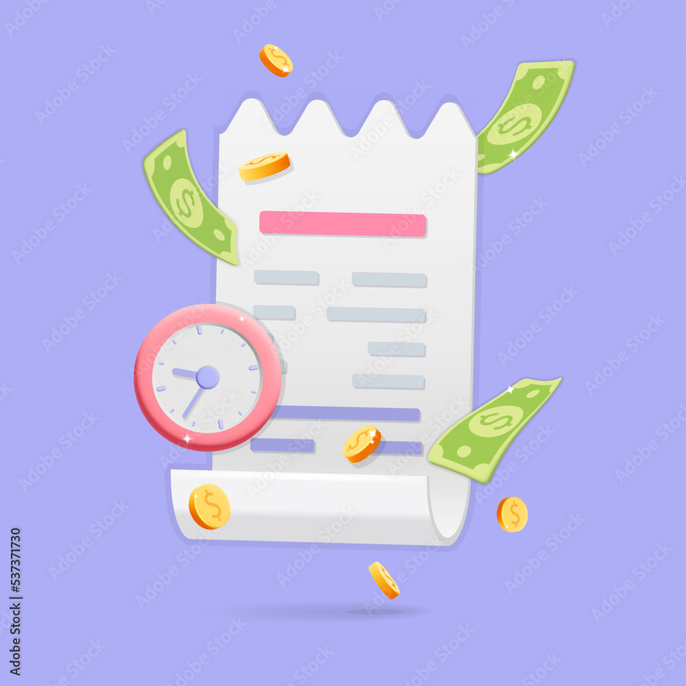 3D vector cartoon render bill receipt with alarm clock for payment