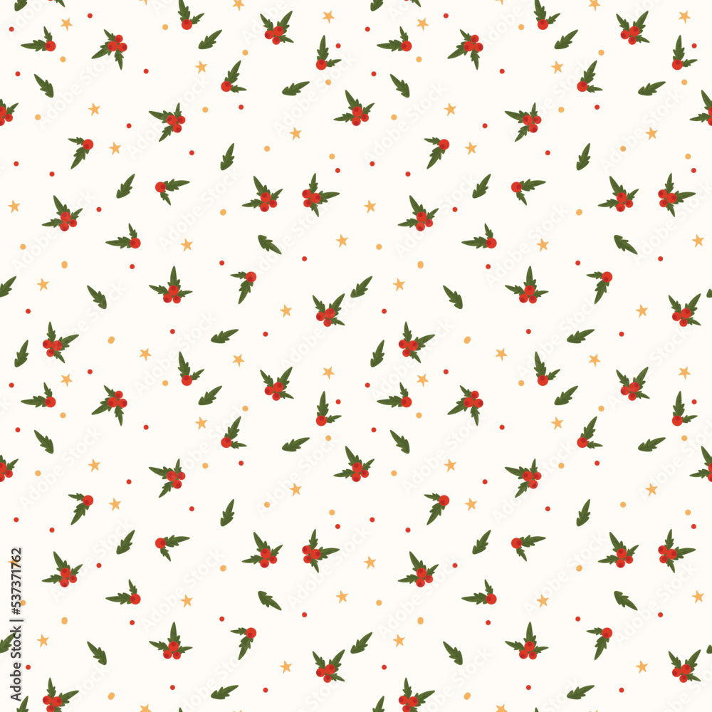 Seamless winter pattern with berry. Merry Christmas, Happy New Year seamless pattern with branches, leaves, red berries for greeting cards, wrapping papers, textile. Seamless winter pattern with berry. Merry Christmas, Happy New Year seamless pattern with branches, leaves, red berries for greeting cards, wrapping papers, textile.