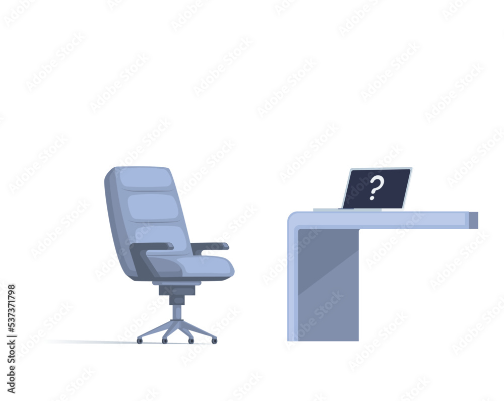 Personal computer on table. Laptop with keyboard to work online via internet. Digital device with question mark on screen. Freelance or office job concept. Furniture at workplace, table and chair