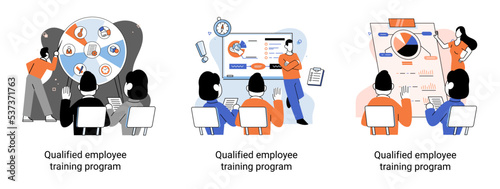 Qualified employee training program. Refresher course metaphor. Help in professional development. Learning for software development and growth. Agile project management team project life scrum meeting